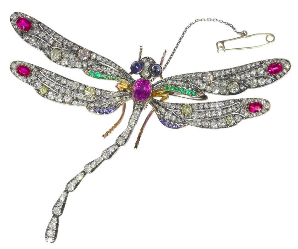 Informazioni essenziali prima di acquistare ornimenti e gioielli; Spilla Art Nouveau libellula con diamanti, smeraldi, zaffiri e rubini