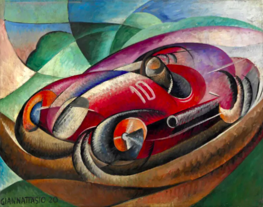 Een futuristisch schilderij van een auto door Ugo Giannattasio, zonde titel, 1920
