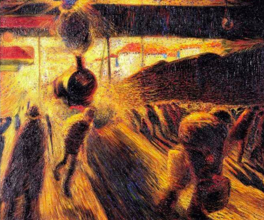 Snelheid weergegeven in het futurisme schilderij 'La stazione di Milano' van Carlo Carrà, 1910-1911