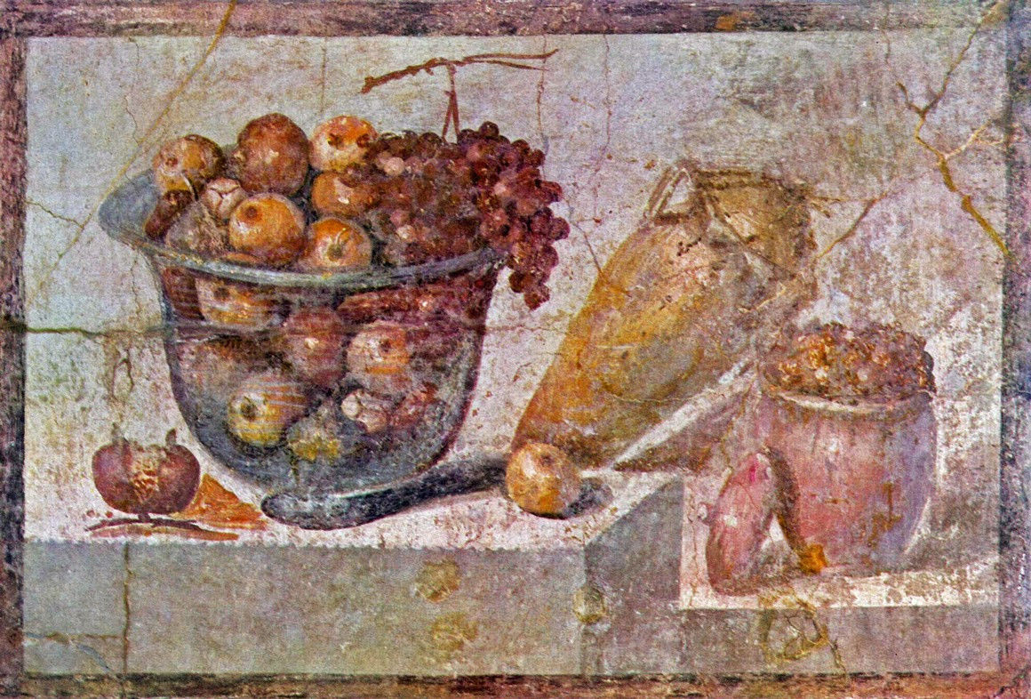 Een Romeins stilleven als fresco uit Pompeï (Julia Felix 70)