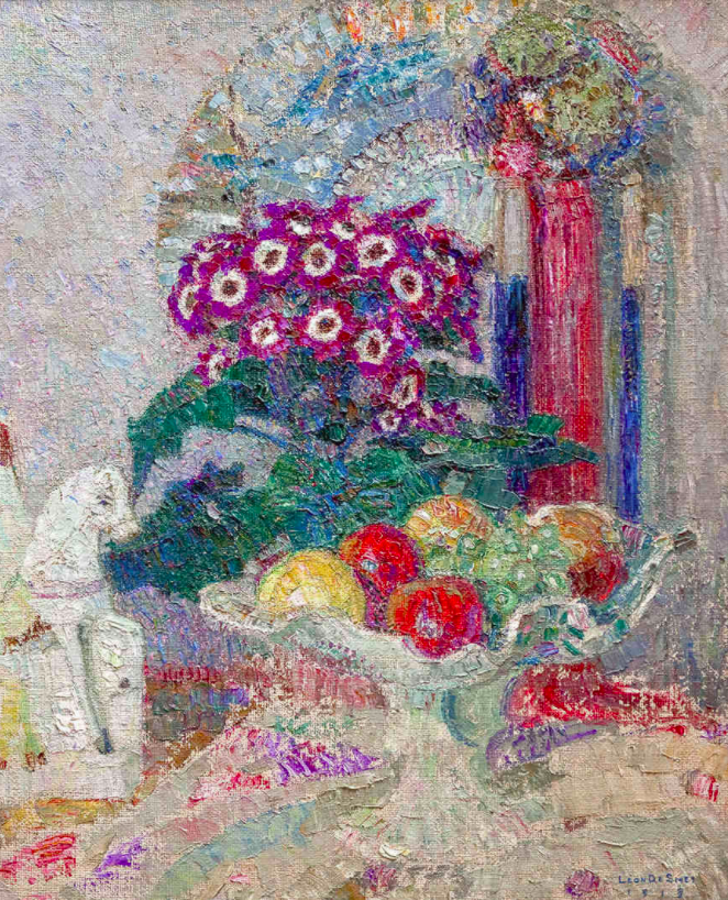 Léon de Smet, 'De bloemen de vruchten en het personeel', 1909, een mooi voorbeeld van een kleurrijk impressionistisch stilleven uit het begin van de vorige eeuw.