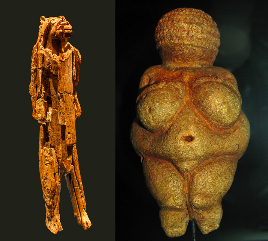Las primeras formas primitivas de escultura 'el Löwenmensch' y 'la Venus de Willendorf' respectivamente. 30.000 y 25.000 años antes de Cristo