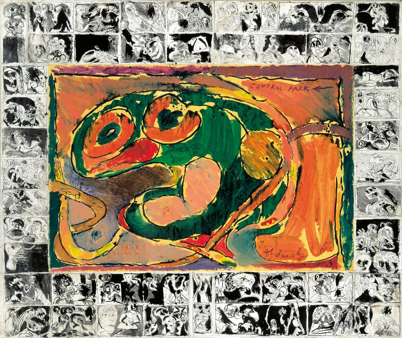 Cobra kunst; ‘Central Park’, uit 1965, is een sleutelwerk in het oeuvre van Alechinsky. Voor het eerst werkte hij met acrylverf op papier en met zijn typerende ‘omlijsting’.
