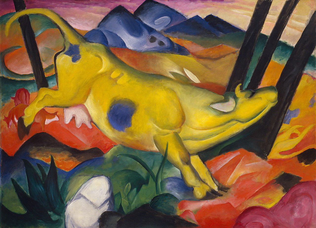 Franz Marc: Die gelbe Kuh, 1911, ejemplo de colores primarios brillantes y del primer movimiento expresionista llamado 'De Blaue Reiter'
