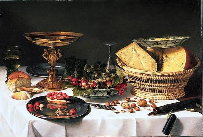 Een typisch 17e eeuws ontbijtje als stilleven door Pieter Claesz., 'Banketje met kaas en vruchten', ca. 1623