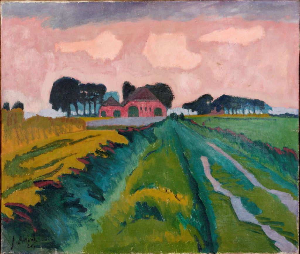 Dipinto di Jan Altink, The Red Farm, 1924 come esempio del movimento espressionista olandese 'De Ploeg'