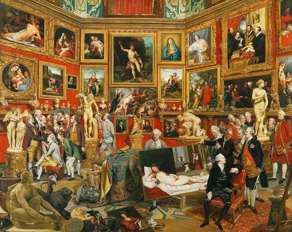 Kunst kopen; The Tribuna of the Uffizi (1772-78). Dit schilderij toont een groot aantal kunstwerken uit de Europese kunstgeschiedenis