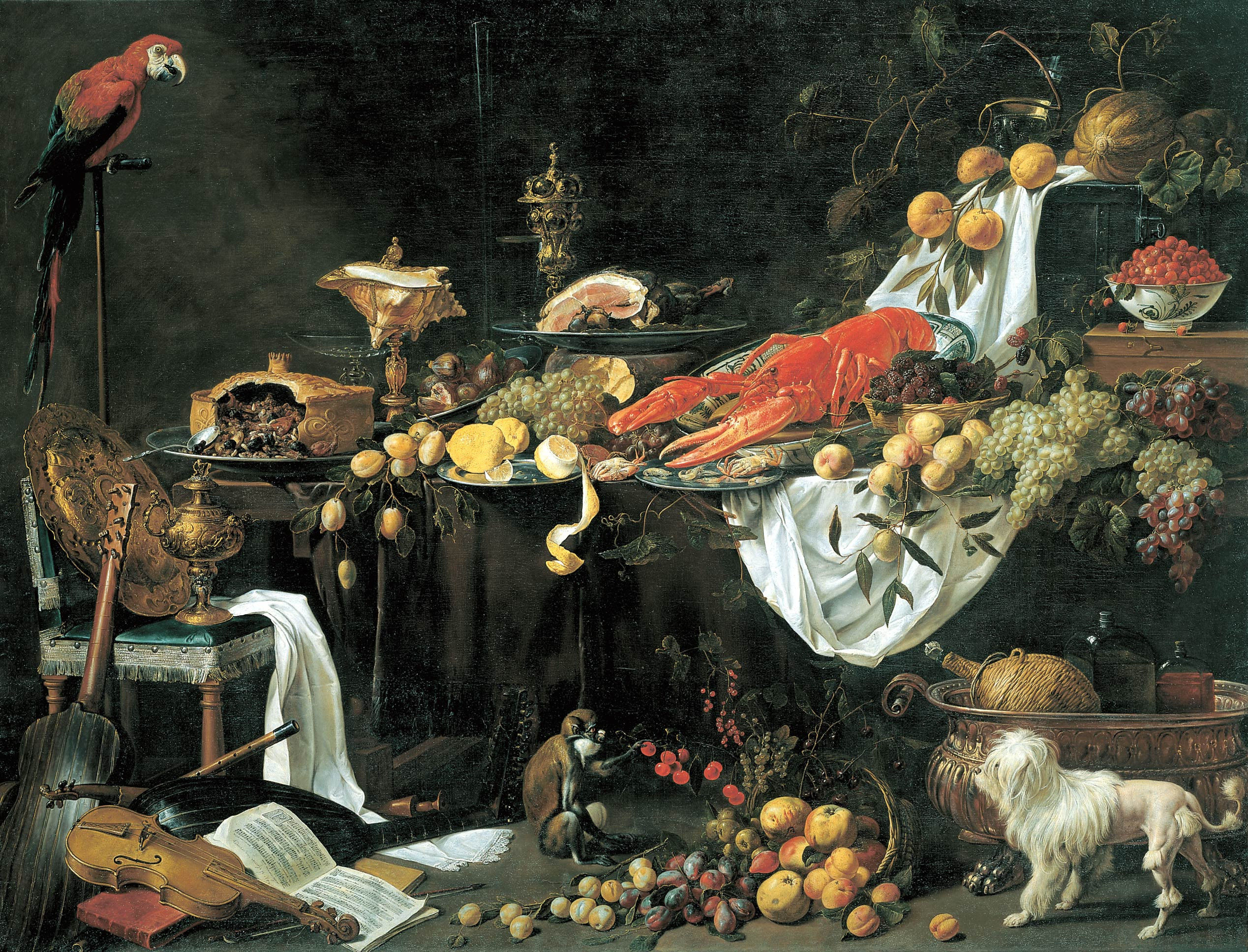 'Banquet Stilleven', geschilderd door de Vlaamse Adriaen van Utrecht in 1644 toont de expertise van de schilder, het schilderij was waarschijnlijk bedoeld voor boven de schoorsteenmantel vanwege het lage perspectief 