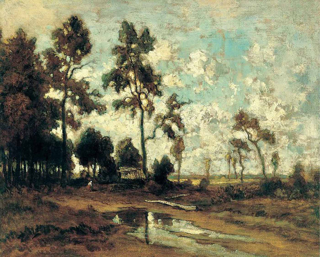 Precursore dell'impressionismo dalla scuola di Barbizon: Théodore Rousseau, 'Capanna nella foresta di Fontainebleau', 1855 ca.
