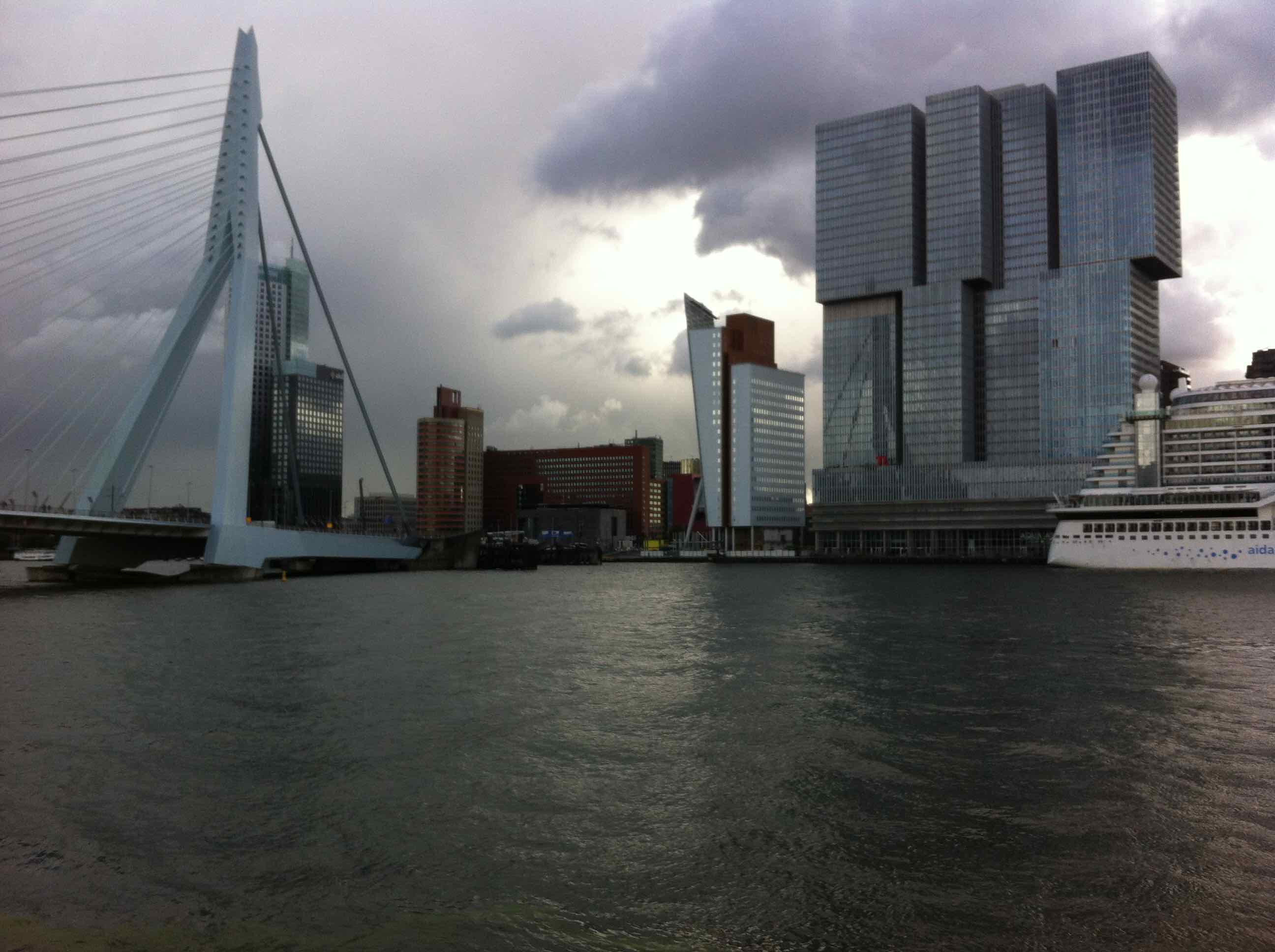 Rotterdam area around the Erasmus Bridge with De Rotterdam building by Rem Koolhaas